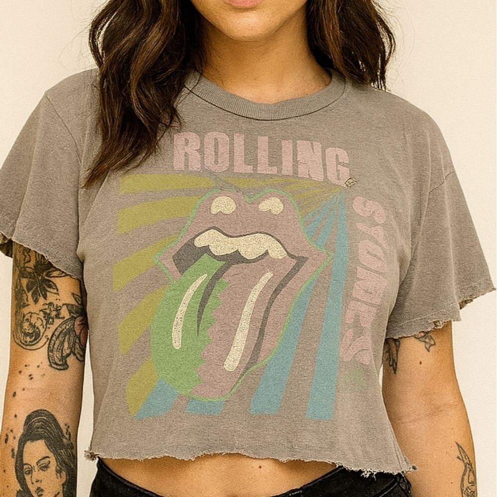 Rolling Stones 89 Stones Cropped Graphic Tee Distressed Gray S Thrashed Grunge